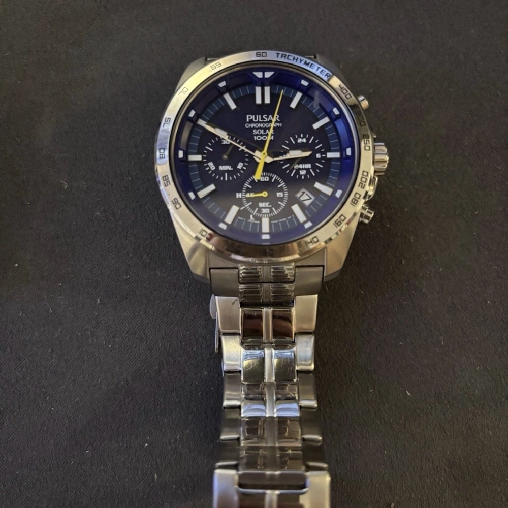 Pulsar Solar Chronograph in Silver and Deep Blue